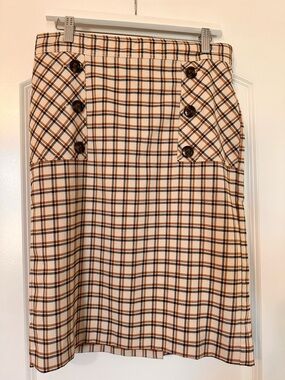 Ann Taylor Cream Plaid Pencil Skirt with Brown and Black Trim